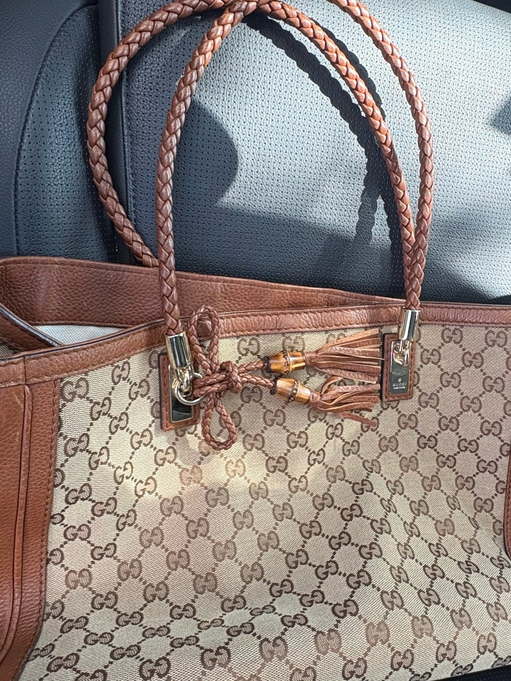 Gucci Beige and Brown Monogram Tote with Braided Leather Handles